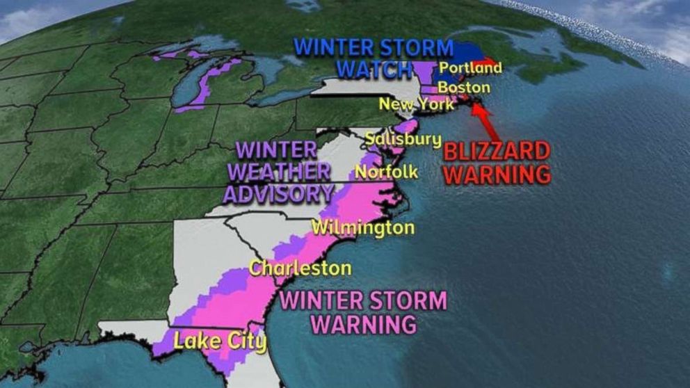 Winter storm warnings, watches and advisories stretch from Florida to Maine on Wednesday, Jan. 3, 2018.