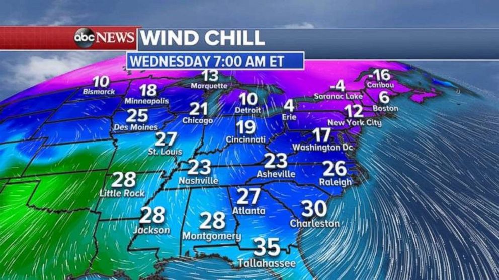 Wind chill readings on Wednesday morning are cold across most of the eastern U.S.