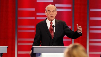 PHOTO: Ron Paul gestures during the Republican Presidential debate in Des Moines, Iowa, December 10, 2011.