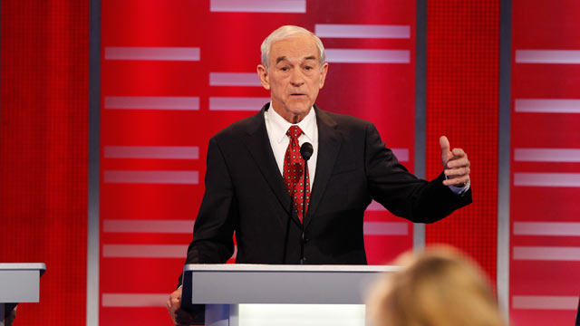 PHOTO: Ron Paul gestures during the Republican Presidential debate in Des Moines, Iowa, December 10, 2011.