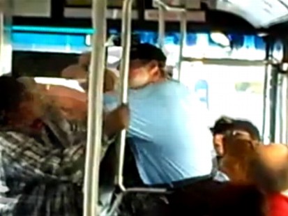 VIDEO: Two men exchange blows and draw blood while on a bus in Oakland, Calif.