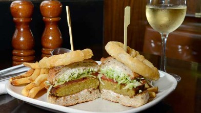 PHOTO: Burger and Barrel Winepub's Veggie burger is served with one of their signature white wines, July 25, 2012, New York City.