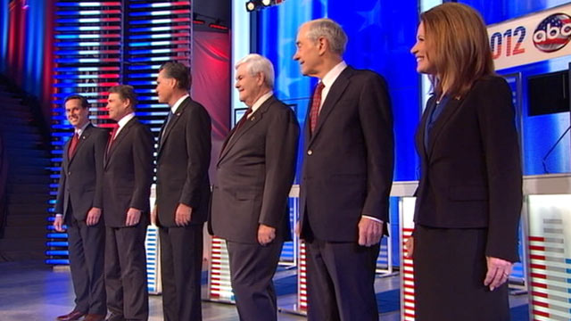 PHOTO: Republican presidential candidates stand together prior to their Republican debate, Dec. 10, 2011, in Des Moines, Iowa.