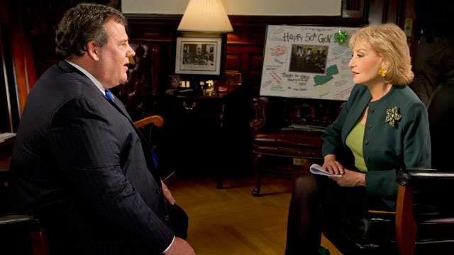 PHOTO: New Jersey governor Chris Christie talks with Barbara Walters during "Barbara Walters Presents: The 10 Most Fascinating People of 2012" which airs Dec. 12, 2012.