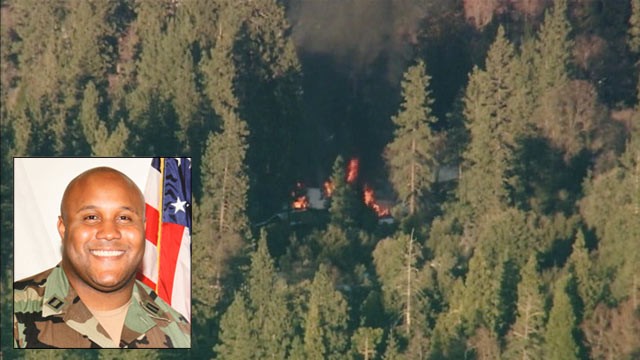 PHOTO: Flames from a fire in a cabin in Big Bear, Calif. can be seen in this overhead photo; ex-LAPD officer and fugitive Christopher Dorner is believed to have taken refuge in the cabin during a shoot-out with police on Feb. 12, 2013.