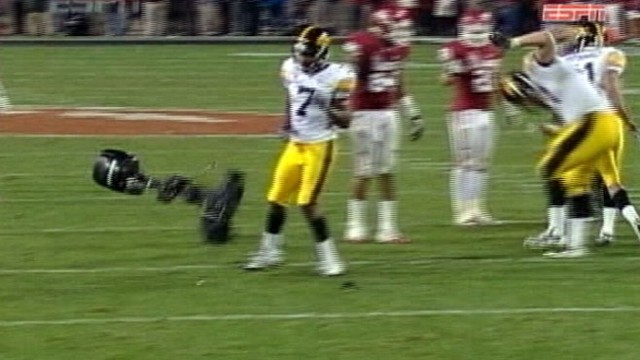 VIDEO: Players jumped out of the way as the overhead camera crashed to the ground.