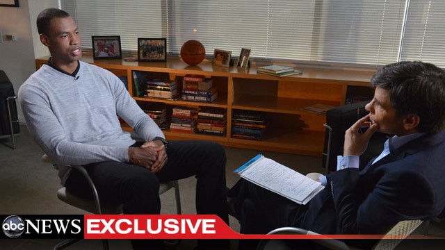 PHOTO: Washington Wizards center Jason Collins talks with ABC News? George Stephanopoulos on April 29, 2013, about his decision to come out as the first openly gay professional athlete in a major American team sport.