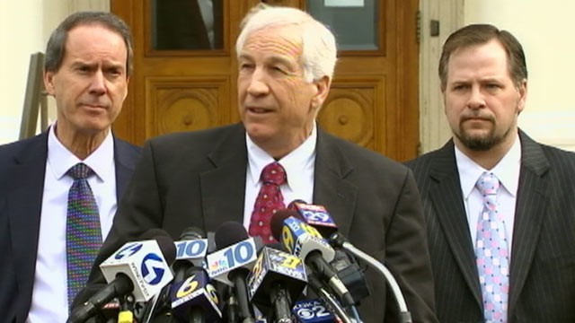 PHOTO: Former Penn State assistant football coach Jerry Sandusky, speaks to the press at the Centre County Courthouse for a bail conditions hearing, Feb. 10, 2012 in Bellefonte, Pa.