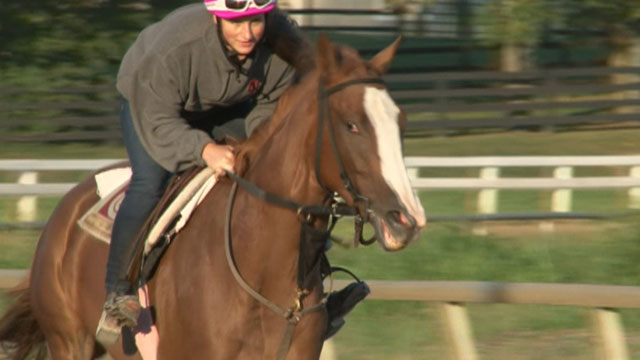 PHOTO: Vanessa Reill, 22, races a thoroughbred horse down the dirt track at the North American Racing Academy in Lexington, Ky.