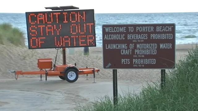 PHOTO: Swimmers have been ordered to stay out of Lake Michigan in parts of northwest Indiana after a mysterious, slimy substance showed up in the water on June 17, 2013.