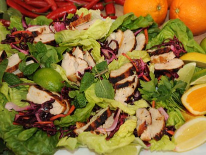 Bobby Flay's Garlic & Smoked Paprika Chicken Lettuce Wraps with Fennel Slaw and Serrano-Mint Sauce