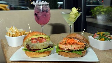 PHOTO: The Southwestern Burger and Salmon Burger are served at Marx restaurant, New York City, July 20, 2012.