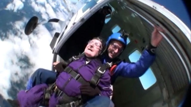 PHOTO: Monty Montgomery, in purple, went skydiving with family members for his eighty-seventh birthday in Tacoma, Wash.