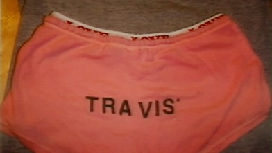 PHOTO: A woman's T-shirt emblazoned with the possessive "Travis Alexander's" and a pair of pink panties with the word "Travis'" on the front were shown during the trial of Jodi Arias on Feb. 4, 2013.