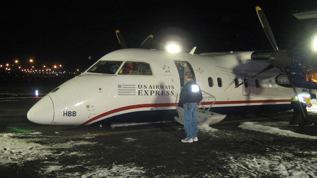 PHOTO: Passengers on a U-S Airways commuter flight on May 18, 2013 from Philadelphia to Newark, N.J. had a scary landing when the pilot was forced to land the plane on its belly after the landing gear malfunctioned.