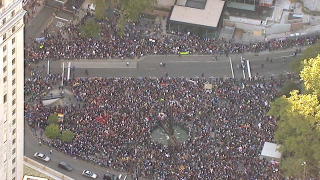 PHOTO: An aerial view of the Occupy Wall Street march shows the crowds ...