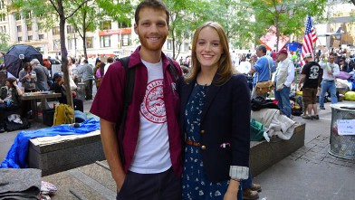 PHOTO: A couple who runs, New York Socialist, group speaks to Abcnews.com at "Occupy Wall Street",  Zuccotti Park, New York, NY, Oct. 11, 2011.
