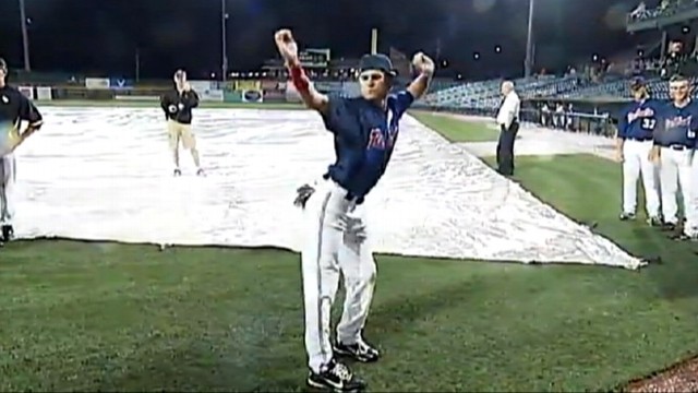 VIDEO: College baseball players perform skits, dance while waiting for rain to stop.