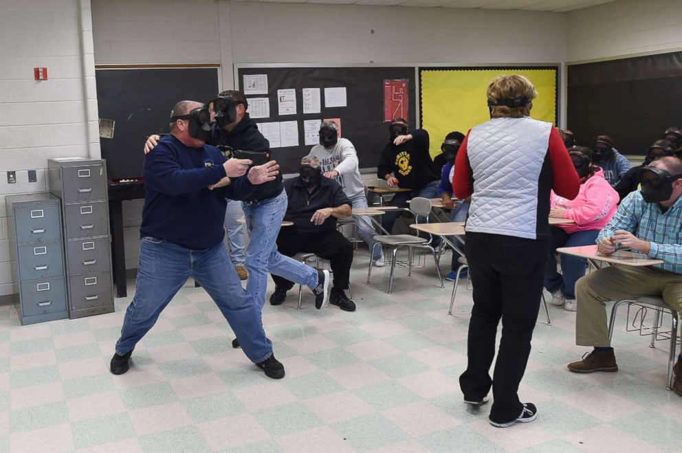 PHOTO: An active shooter (L) is tackled during ALICE (Alert, Lockdown, Inform, Counter and Evacuate) training at the Harry S. Truman High School in Levittown, Penn., Nov. 3, 2015.