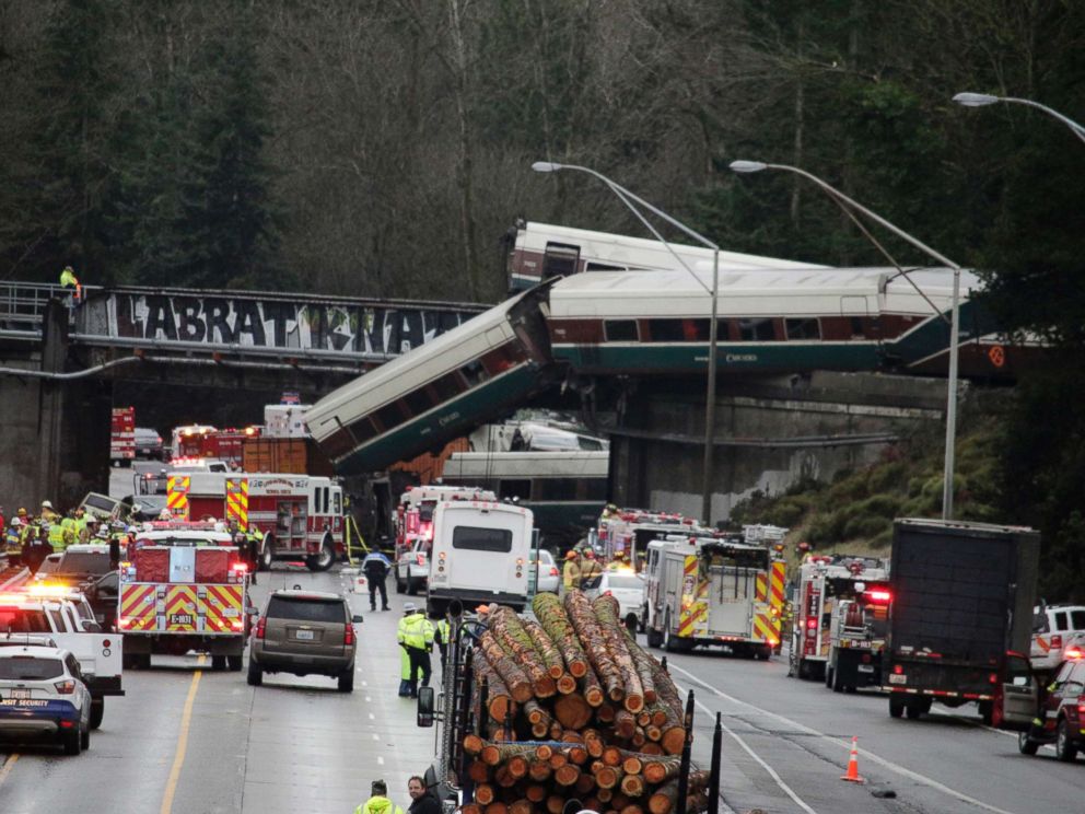 PHOTO: A derailed train is seen on southbound Interstate 5 on Dec. 18, 2017, in DuPont, Wash.