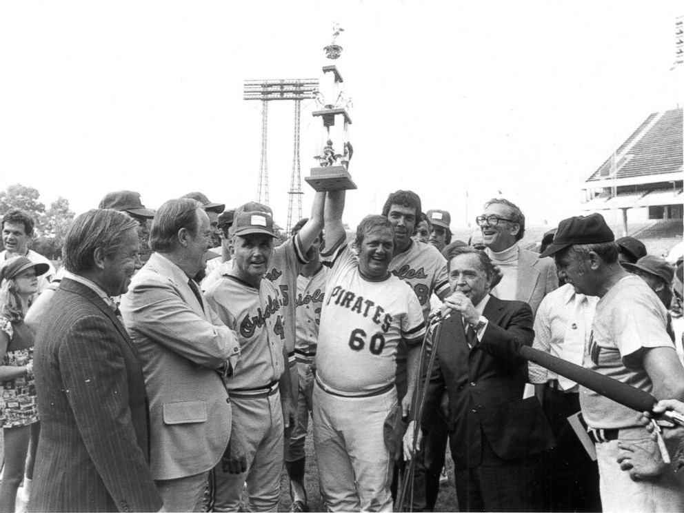 PHOTO: Democratic Team Manager Bill Chappell and Mendel Davis hold the Roll Call trophy after winning the Congressional Baseball Game of 1975