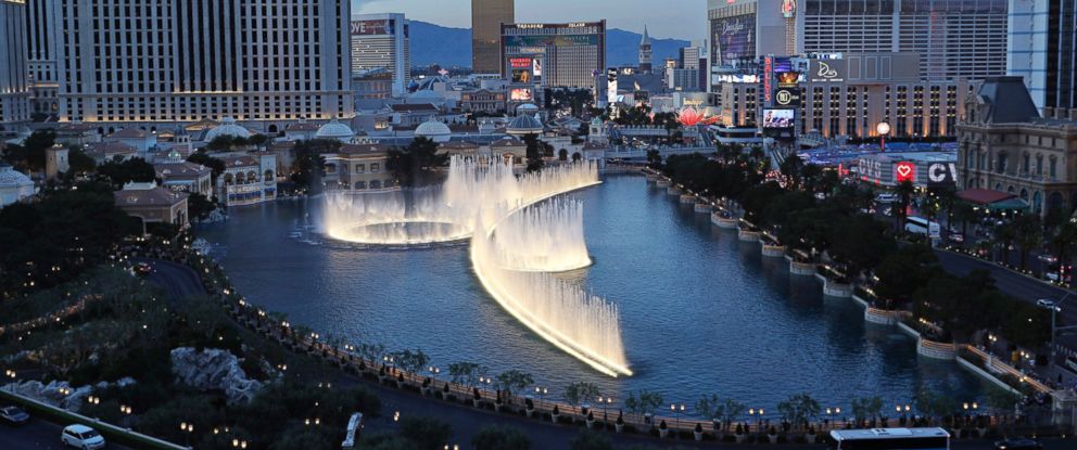 In this April 4, 2017, file photo, the fountains of Bellagio erupt along the Las Vegas Strip in Las Vegas.