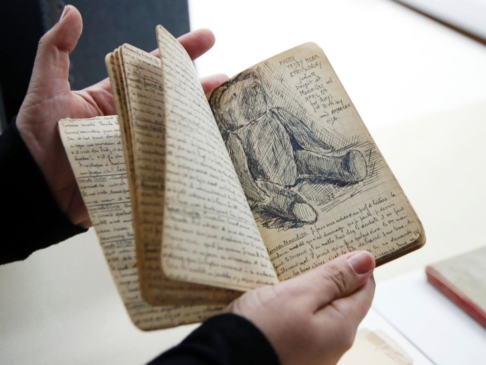PHOTO: A page of Joseph Stripounskys diary with a sketch showing Master Teddy Bear, is shown at the Holocaust Memorial Museum in Washington, Wednesday, June 7, 2017.