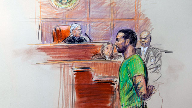 PHOTO: This artist rendering shows Amine El Khalifi before U.S. District Judge T. Rawles Jones Jr. in federal court in Alexandria, Va., Feb. 17, 2012.