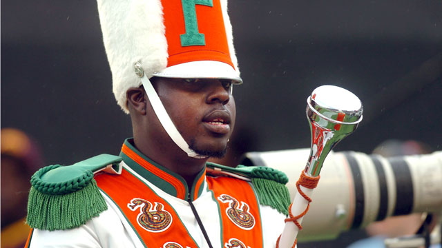 PHOTO: Robert Champion, a drum major in Florida A&M Universitys Marching 100 band, performs during halftime of a football game in Orlando, Fla, Nov. 19 2011.
