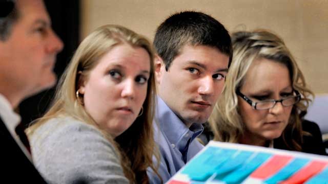 PHOTO: Former University of Montana quarterback Jordan Johnson sits with his defense team during jury selection, Feb. 8, 2013 in Missoula, Mont.