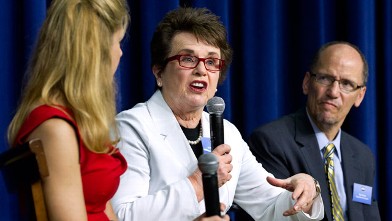 PHOTO: Billie Jean King, with Bonnie Bernstein, left, and Assistant Attorney General for Civil rights Tom Perez, speaks during a forum in the South Court Auditorium at the White House in Washington during a gathering to celebrate the 40th anniversary of T