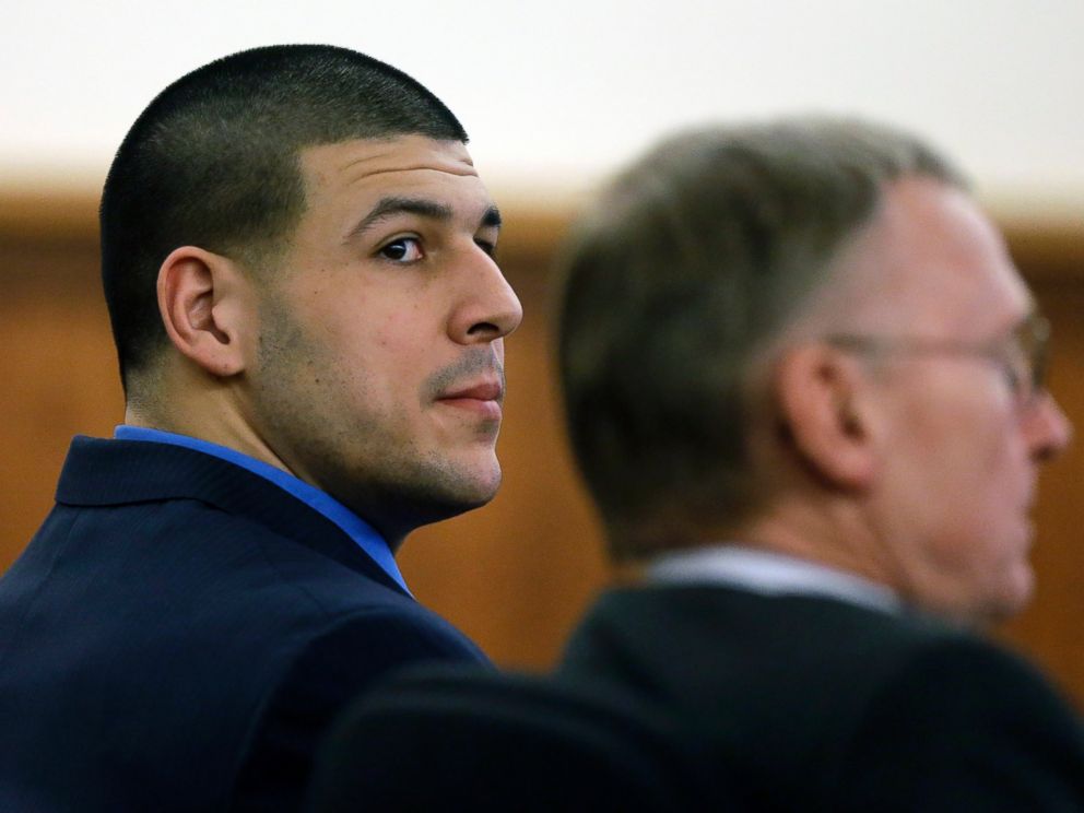 PHOTO: Former New England Patriots football player Aaron Hernandez sits with his defense attorney Charles Rankin during the afternoon session of his murder trial, Feb. 6, 2015, in Fall River, Mass.