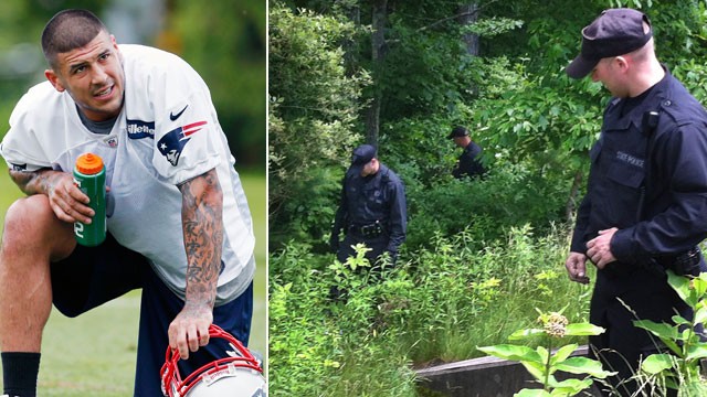PHOTO: Massachusetts State Police search along a road near the home of New England Patriot's NFL football player Aaron Hernandez in North Attleborough, Mass., June 19, 2013.