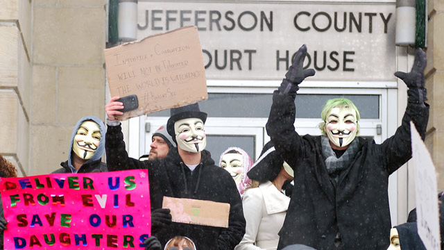 PHOTO: Activists from the online group Anonymous protest at the Jefferson County Courthouse in Steubenville, Ohio, Saturday, Dec. 29, 2012.