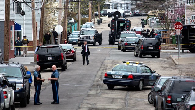 PHOTO: Police presence grows in the neighborhoods of Watertown, Mass., April 19, 2013, as a massive search involving hundreds of heavily armed law enforcement officials continues for one of two suspects in the Boston Marathon bombing.