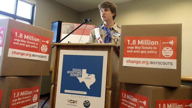 PHOTO: Boys Scout Alex Derr speaks out against anit-gay rules during the Equal Scouting Summit Press Conference being held near where the Boy Scouts of America are holding their annual meeting, May 22, 2013, in Grapevine, Texas.