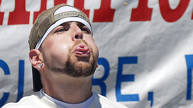 PHOTO: Brian Krause from Jackson, Mich., wins the 35th Annual Cherry Pit Spitting Championship, July 5, 2008 at Tree-Mendus Fruit Farm in Eau Claire, Mich.