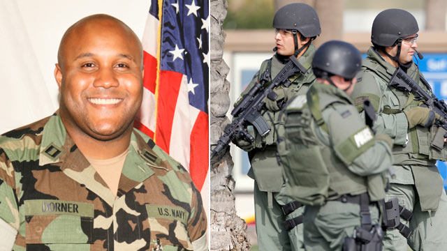PHOTO: This undated photo released by the Los Angeles Police Department shows suspect Christopher Dorner, a former Los Angeles officer; right, police officers stand near the site of a police shooting on Feb. 7, 2013 in Corona, Calif. where Dorner is sus
