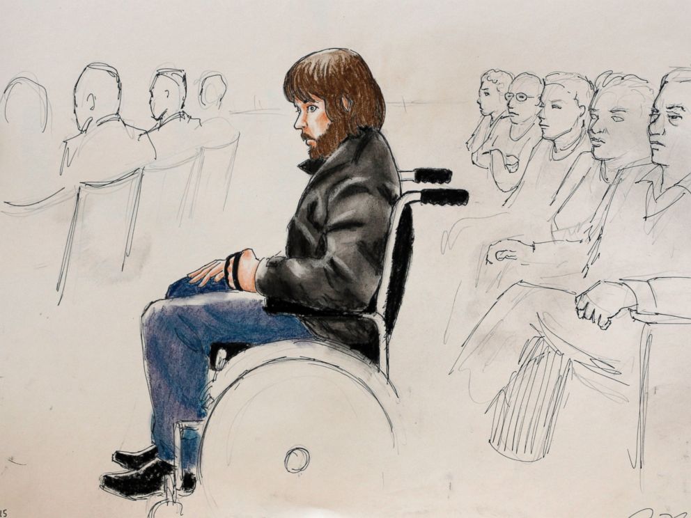 PHOTO: Caleb Medley, who was shot in the head during the massacre at the theater in Aurora, Colo., is shown during the opening day of the trialshooting suspect James Holmes, April 27, 2015, in Centennial, Colo.