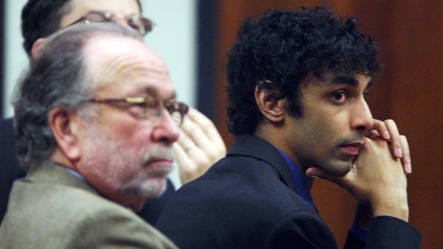 PHOTO: Dharun Ravi, right, and his lawyer Steve Altman sit in the courtroom at the Middlesex County Courthouse in New Brunswick, NJ.