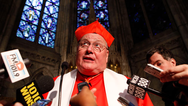 PHOTO: In this Feb. 25, 2012, file photo, Cardinal Timothy Dolan speaks to the press after prayer services at St. Patricks Cathedral in New York. The Archdiocese of Milwaukee confirmed May 30, 2012, that it had a policy to pay suspected pedophile priests