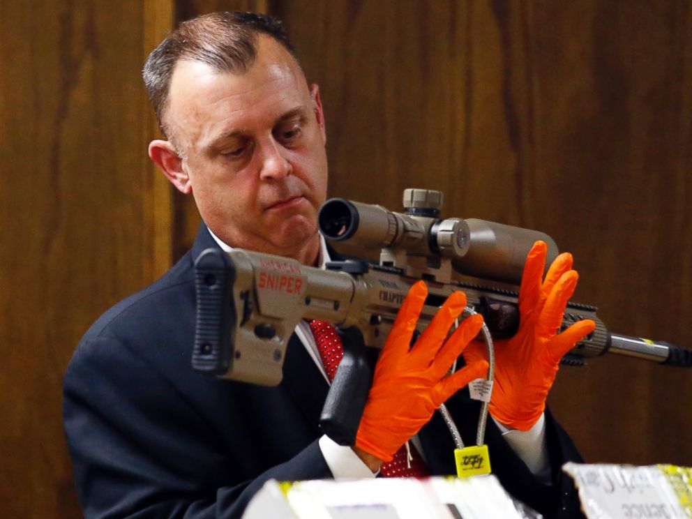 PHOTO: Texas Ranger Michael Adcock holds a rifle with the lettering American Sniper marked on the side during the capital murder trial of former Marine Cpl. Eddie Ray Routh in Stephenville, Texas on Feb. 17, 2015.