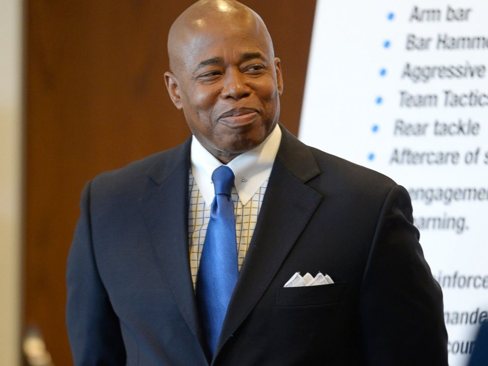 PHOTO: New York Brooklyn Borough President Eric L. Adams attends a press conference regarding new NYPD departmental guidelines for police officer retraining at the New York Police Academy in Queens, New York, on Dec. 4, 2014.