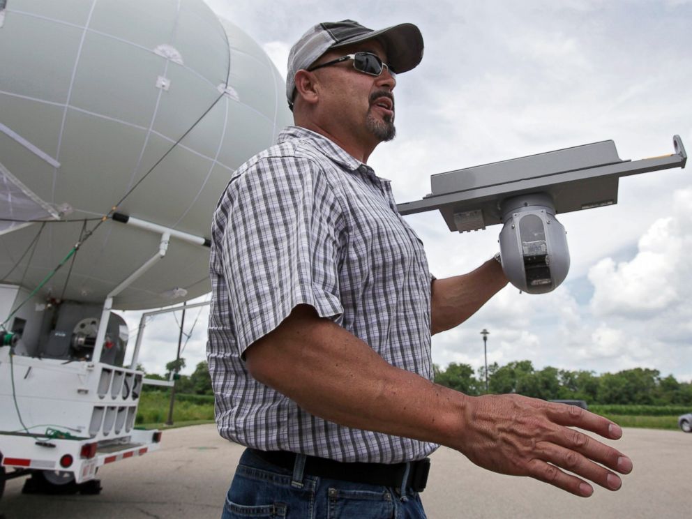 PHOTO: In this June 26, 2014 photo, Rob King shows off the sensor that attaches to the bottom of a surveillance blimp, a large helium balloon that has cameras attached, at Ohio/Indiana Unmanned Aircraft Systems Center in Clintonville, Ohio.