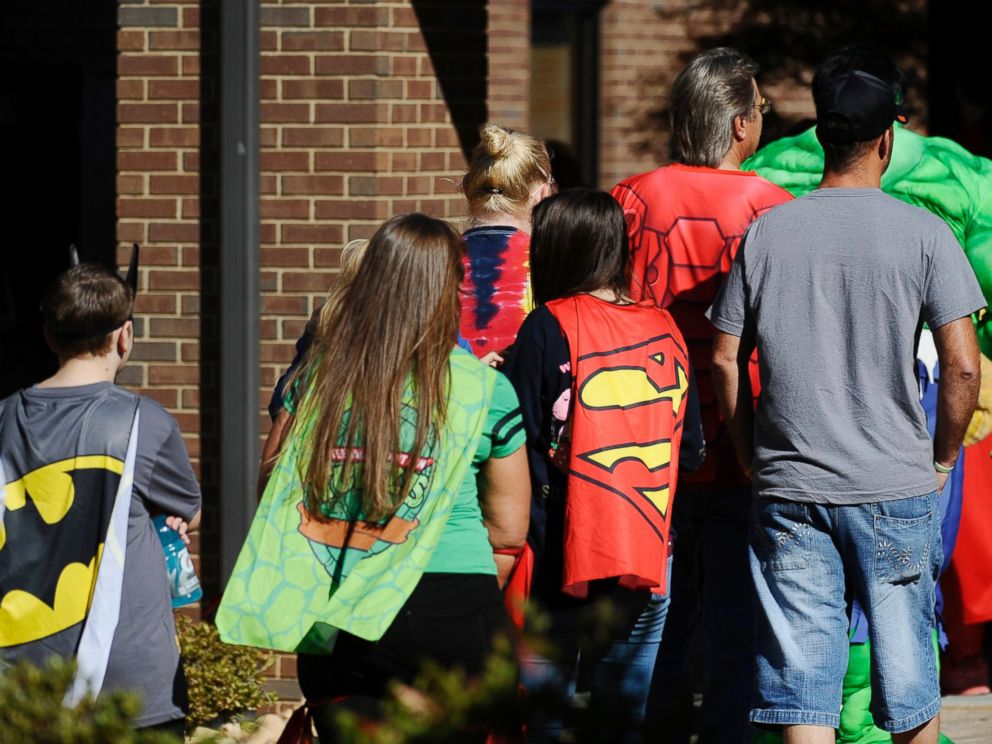 PHOTO: Friends and family arrive before a superhero-themed funeral service for Jacob Hall at Oakdale Baptist Church, Oct. 5, 2016, in Townville, South Carolina.