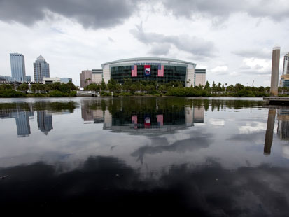 PHOTO: In this photo taken Aug. 22, 2012, the Tampa Bay Times Forum, site of the 2012 Republican National Convention, is viewed across the water of the Garrison Channel from Harbour Island in downtown Tampa, Fla. Weather forecasts continue to show Florida