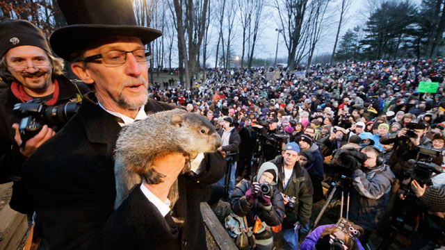 PHOTO: Groundhog Club handler Ron Ploucha holds Punxsutawney Phil, the weather prognosticating groundhog, during the 126th celebration of Groundhog Day on Gobblers Knob in Punxsutawney, Pa., Feb. 2, 2012.