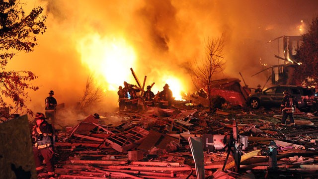 PHOTO: Authorities say a loud explosion has leveled a home in Indianapolis and set four others ablaze in a neighborhood, causing several injuries. Capt. Rita Burris with the Indiana Fire Department told The Associated Press that firefighters are still wor