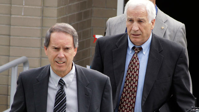 PHOTO: Former Penn State assistant football coach Jerry Sandusky, right, leaves the Centre County Courthouse with his attorney Joe Amendola after the first day of jury selection in his trial on charges of child sexual abuse, in Bellefonte, Pa., June 5, 20