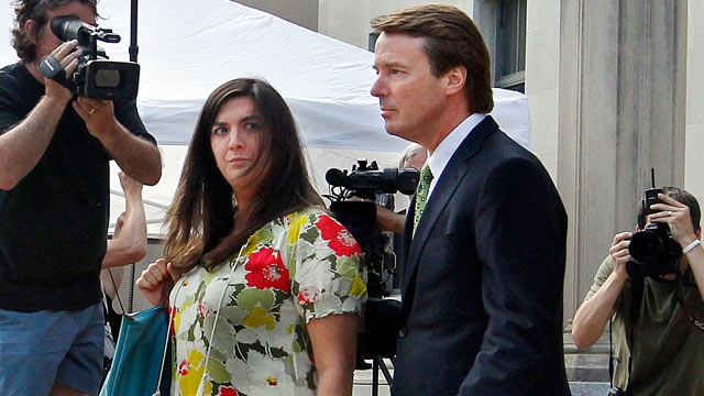 PHOTO: After a reporter yells a question about testimony in todays court proceedings Cate Edwards glances at her father, former Sen. John Edwards as they leave the Federal Courthouse in Greensboro, N.C., May 2, 2012.
